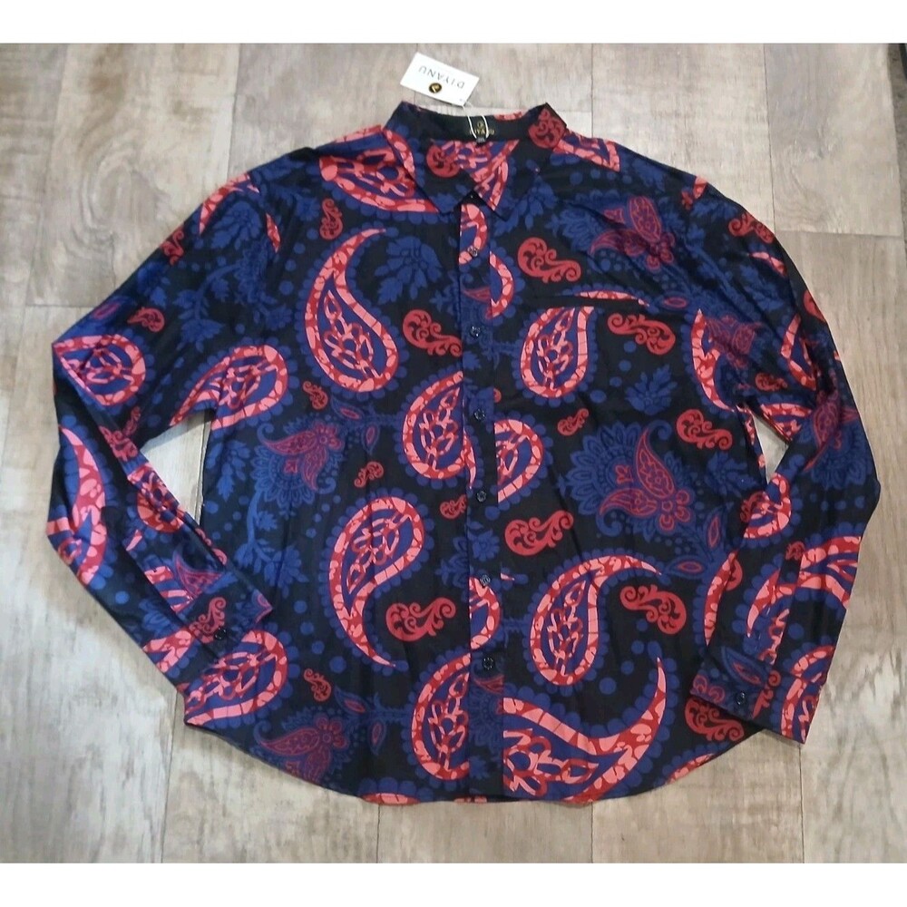 Diyanu Mens Tribal African Wear Paisley Print Button Up Long Sleeve Shirt 3XL